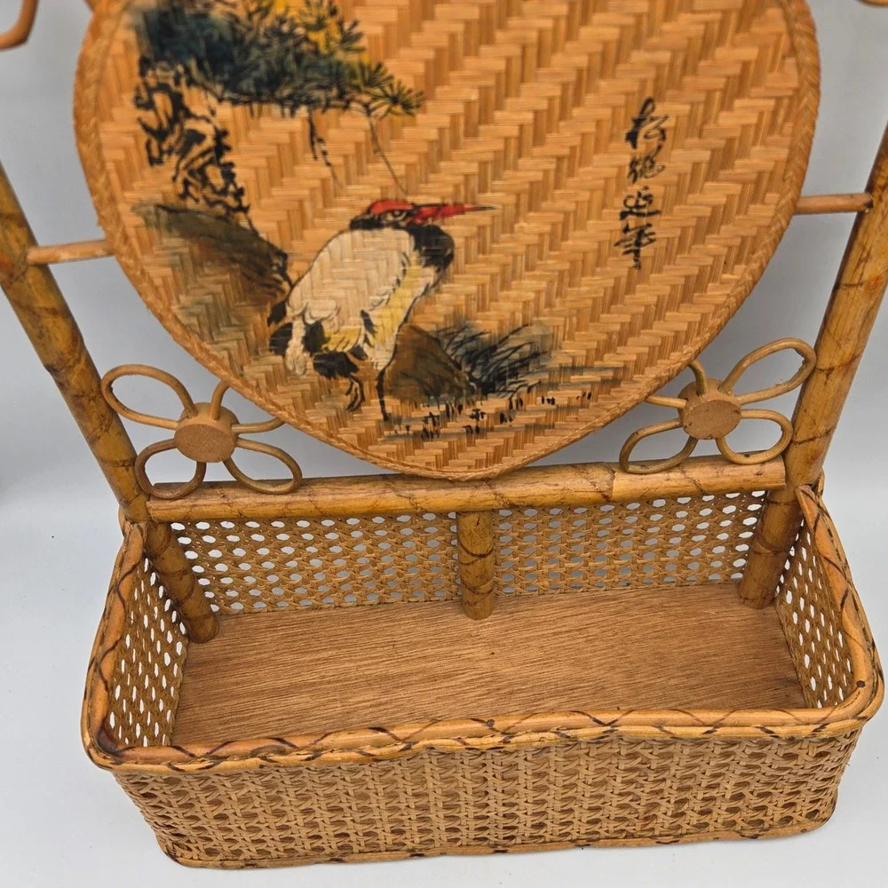 Vintage Bamboo Rattan Wall Mail Organizer Shelf Hand Painted Bird Boho 18